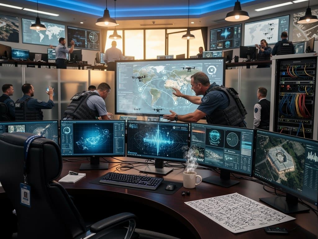 Pentagon command center with AI dashboards, threat maps, and satellite data on multi-monitors