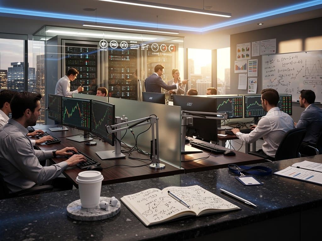 Modern trading floor with screens showing BTC spot and futures charts under LED lights