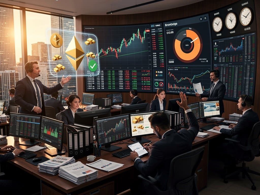 Trading floor monitors show Bitcoin charts at $76K, gold prices, Fear & Greed Index at 33, and shifts to gold-backed cryptocurrency amid inflation fears