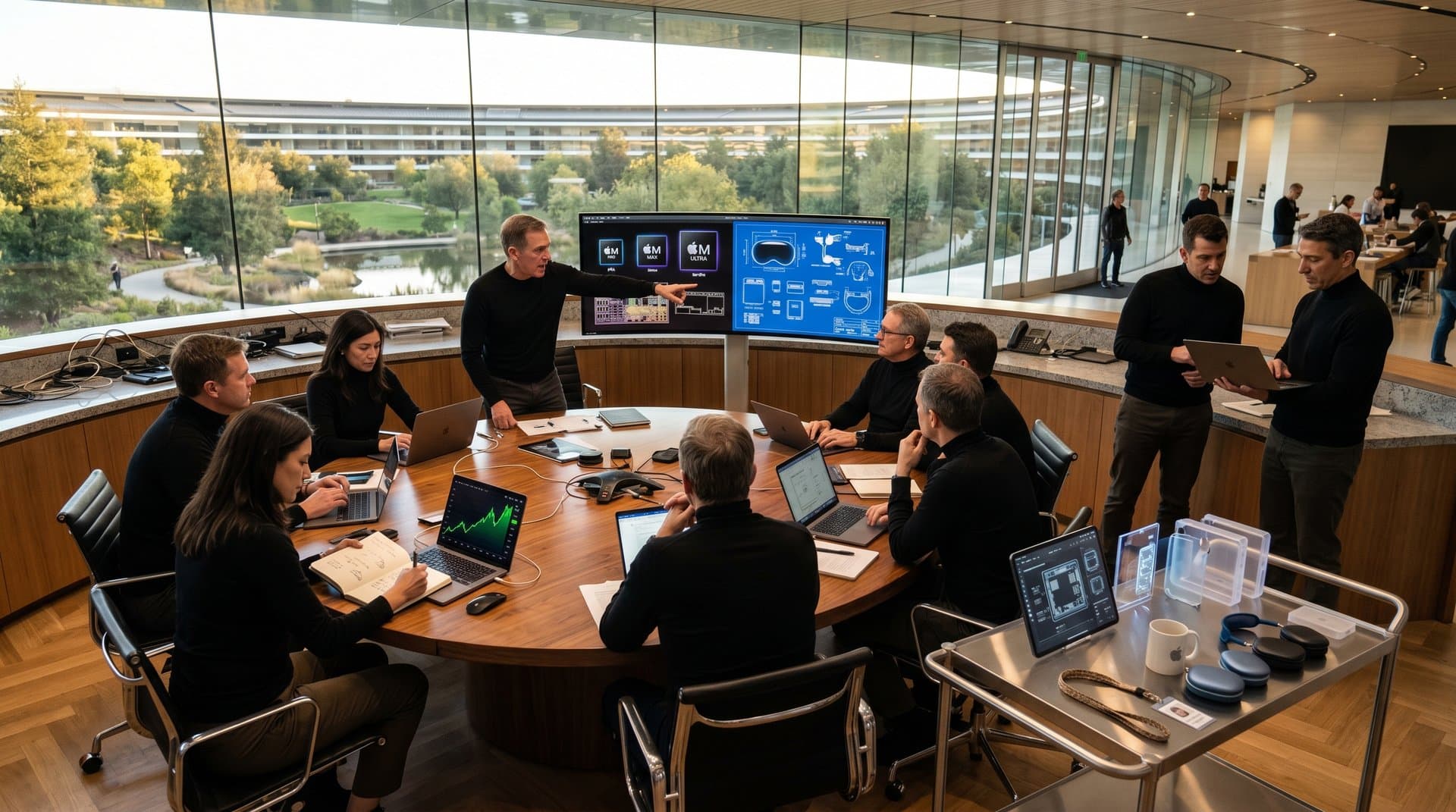 Apple boardroom with hardware prototypes, monitors showing blueprints and market data