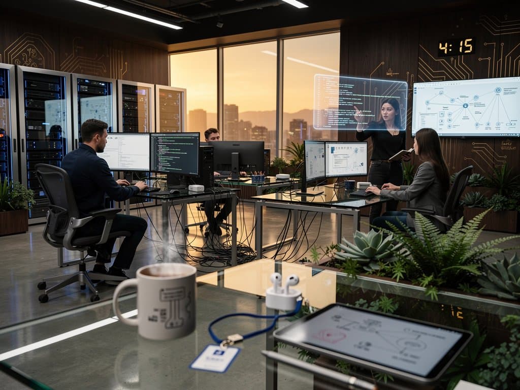 Tech office with monitors showing AI-generated code, server racks, and holographic projections in modern OpenAI-inspired workspace