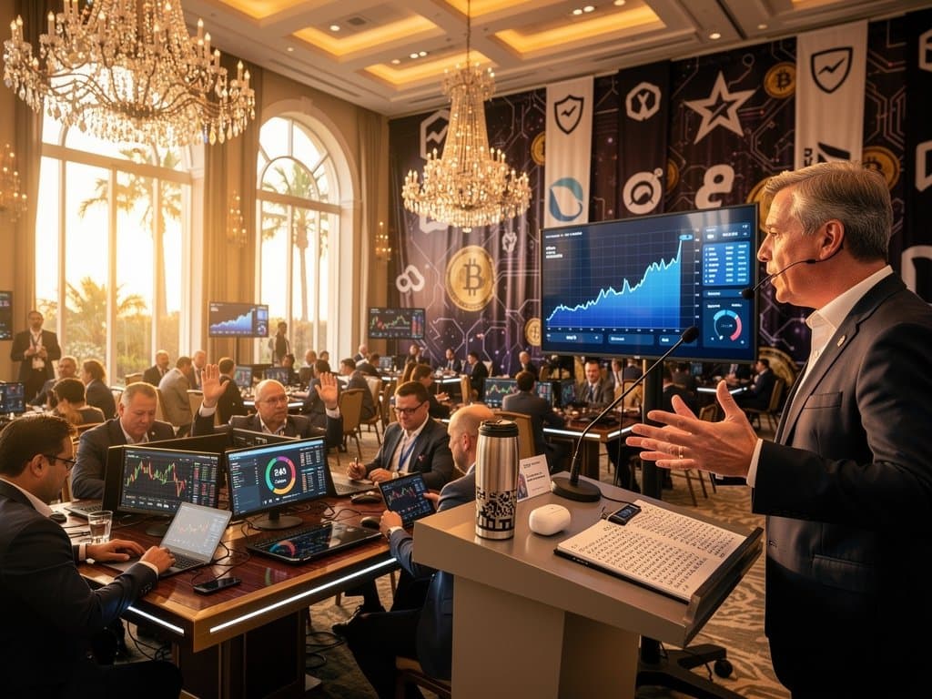 Mar-a-Lago crypto conference with Bitcoin charts at $75,710, Fear & Greed Index, and cybersecurity dashboards