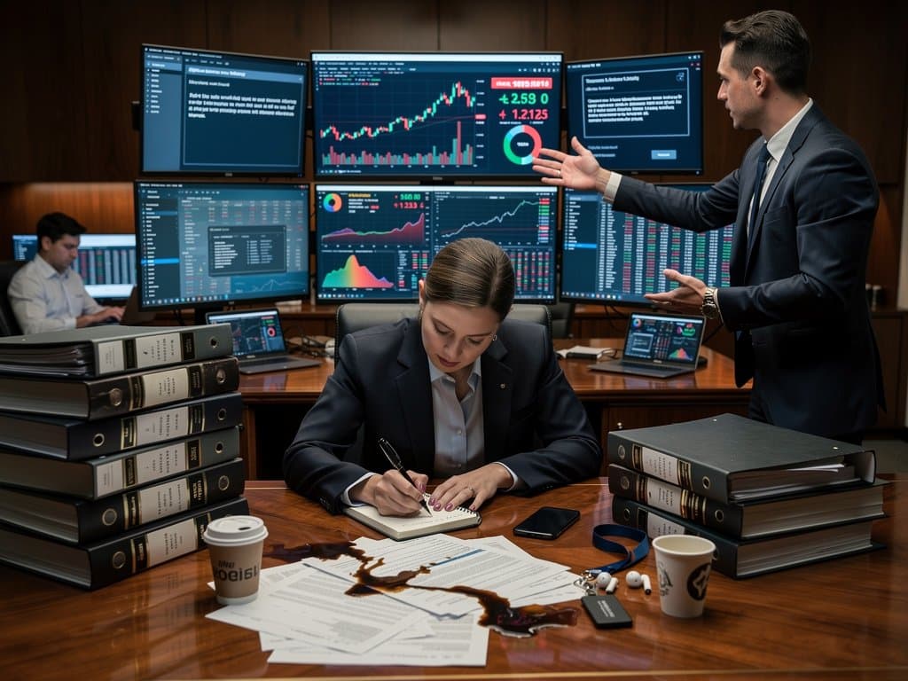 Modern law office desk with Bloomberg Bitcoin charts at $75,027, AI hallucination screens crossed out, and crypto law books in tense fintech atmosphere