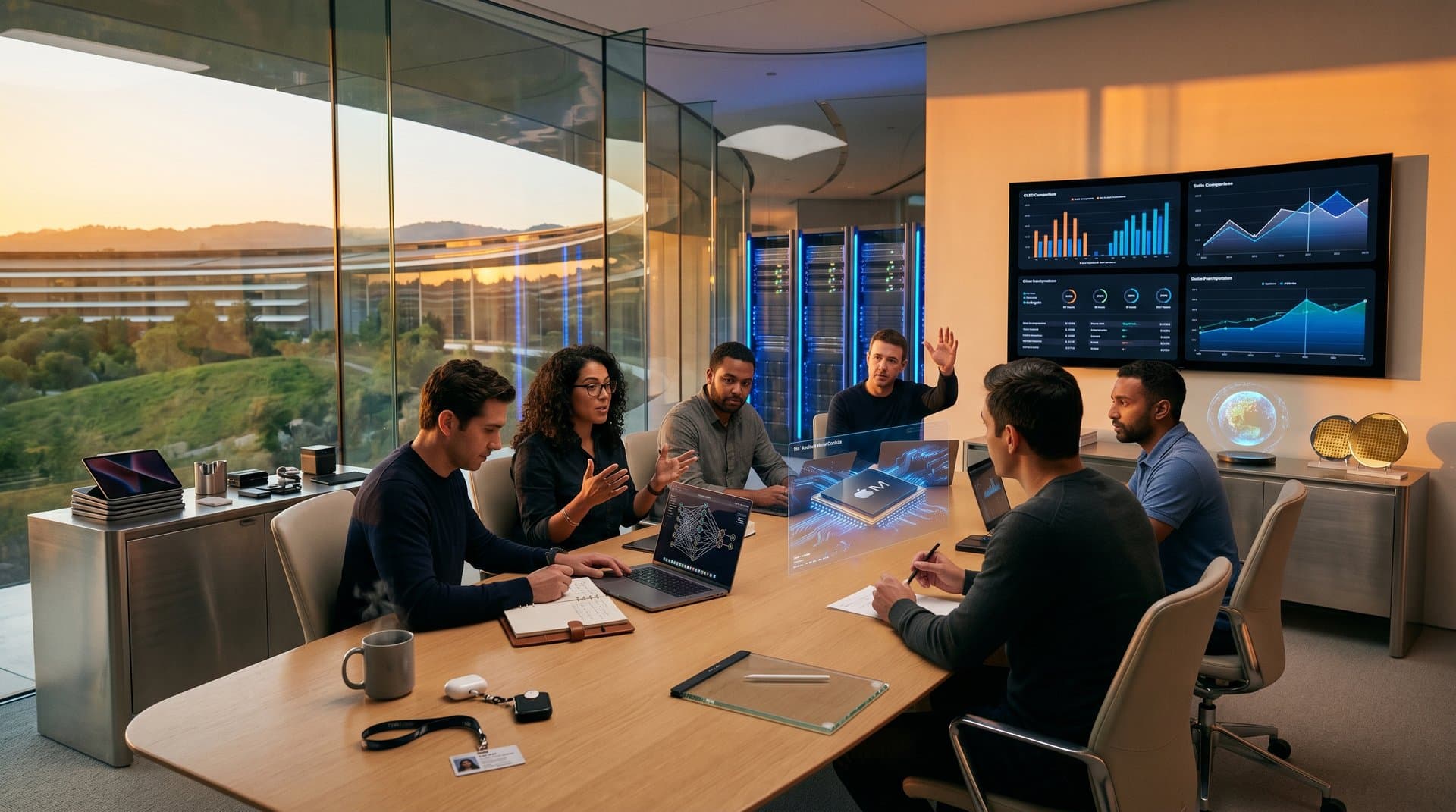 Apple executives analyze AI strategies in modern conference room with neural network displays and Cupertino views
