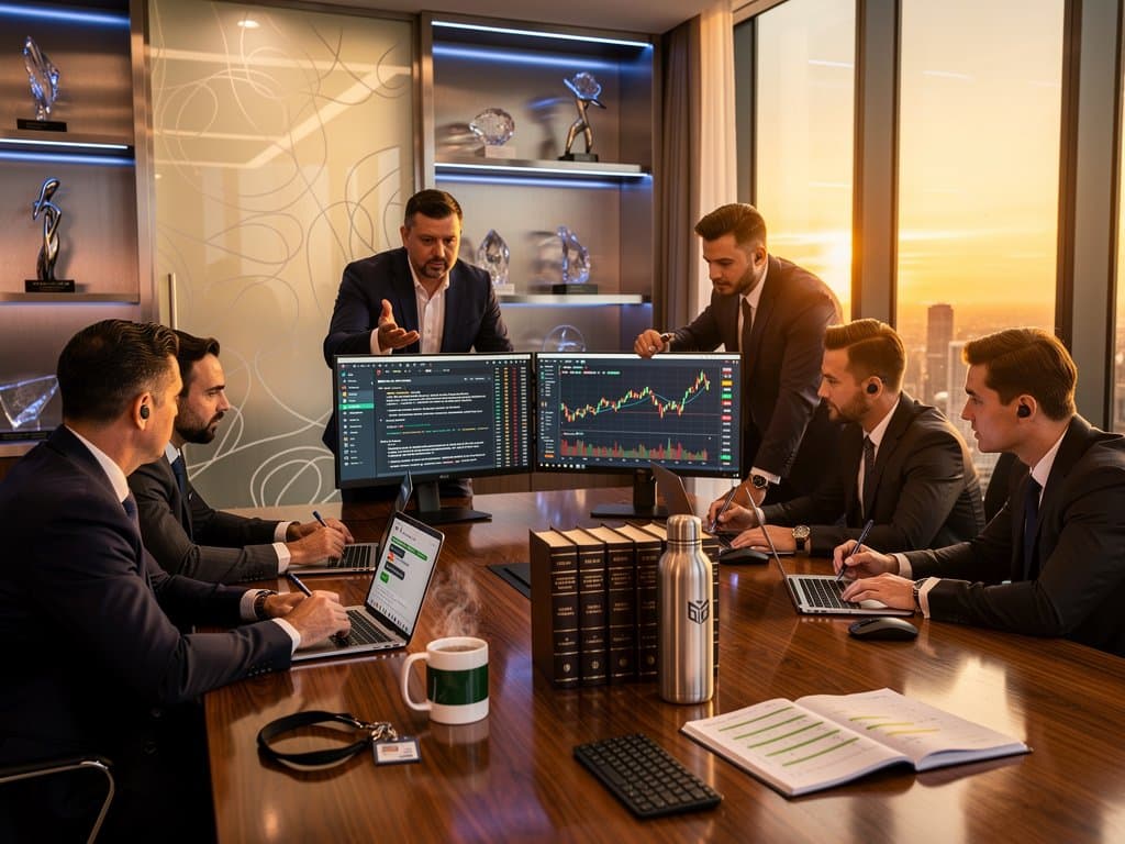 Modern law firm conference room with monitors showing AI legal docs and crypto charts