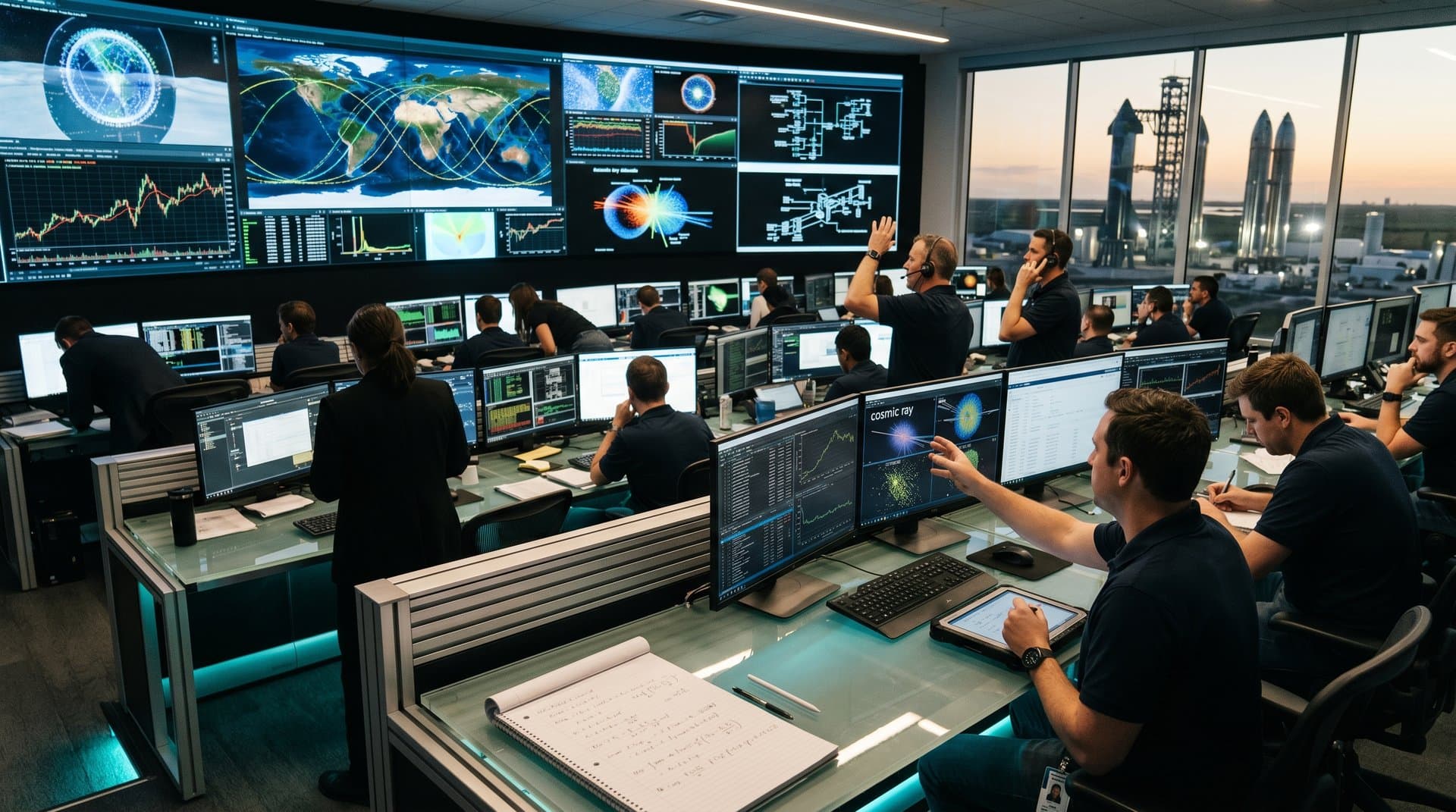 Engineers analyze satellite data on video walls and monitors in busy SpaceX mission control room